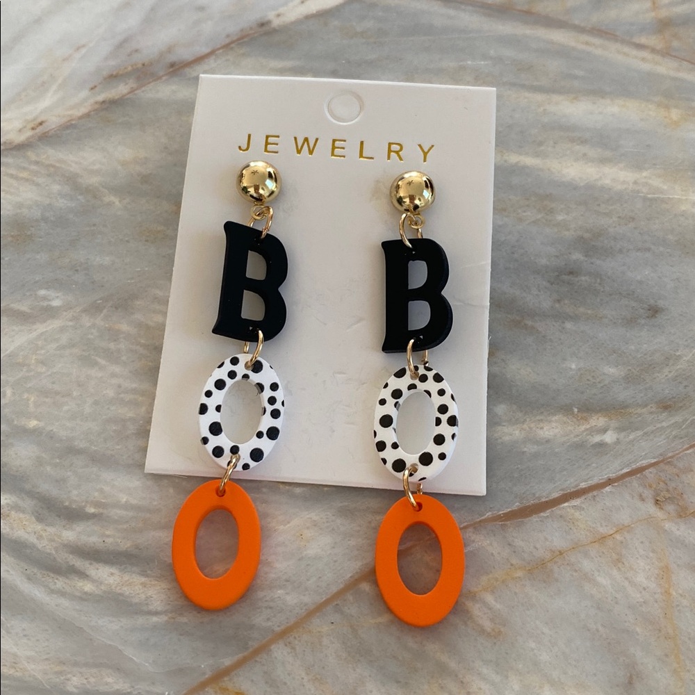 Halloween BOO Acrylic Drop Earrings Black White Orange Polka Dot Dangle Jewelry - Picture 6 of 8